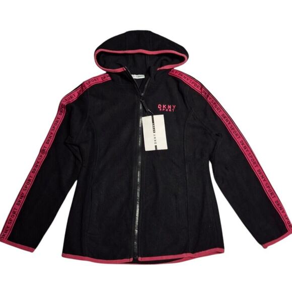 DKNY Sport Girls Fleece Jacket, Size 10-12 Black Pink Hoodie Tween Outerwear NWT - Picture 1 of 8